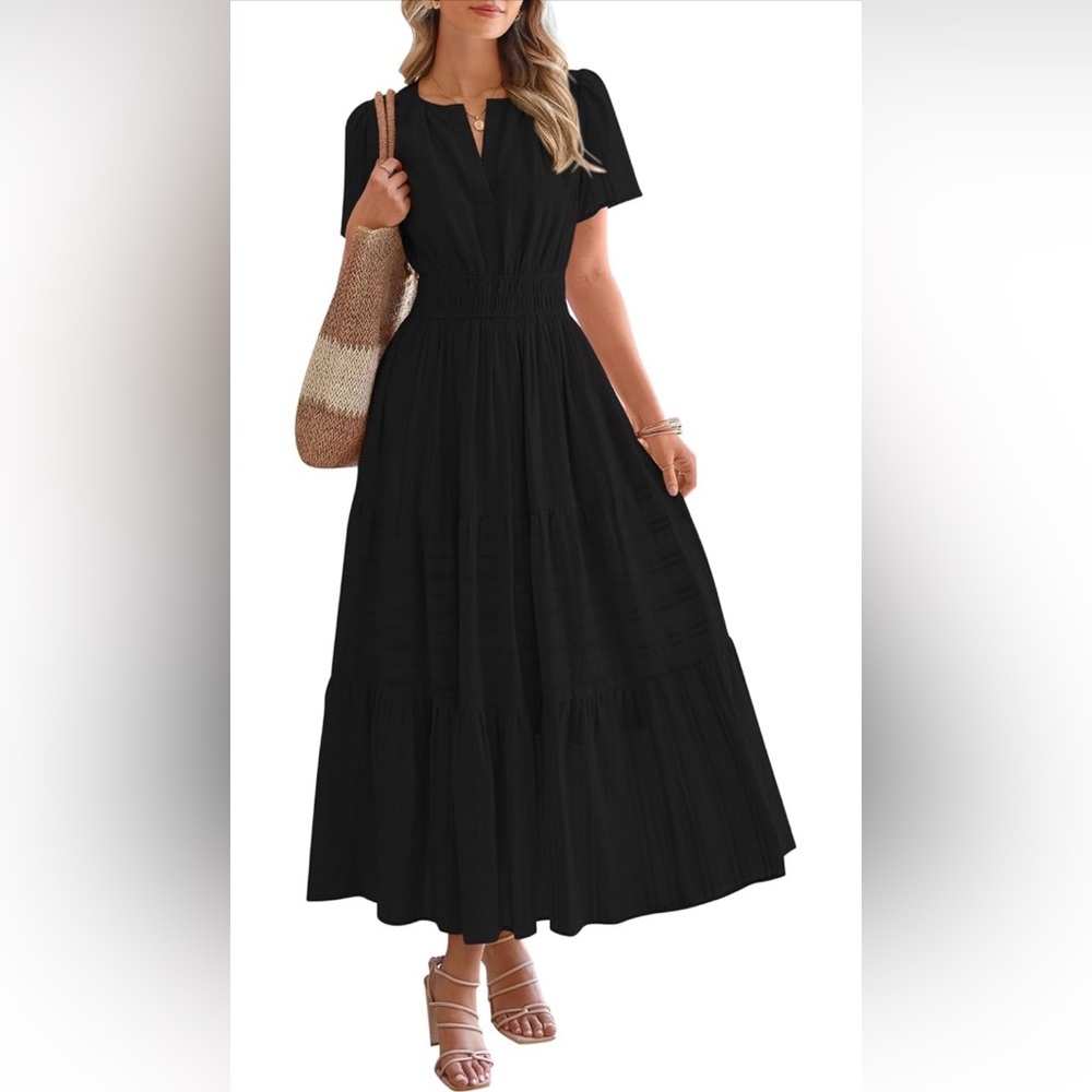 Smocked Waist Black Maxi Dress by
